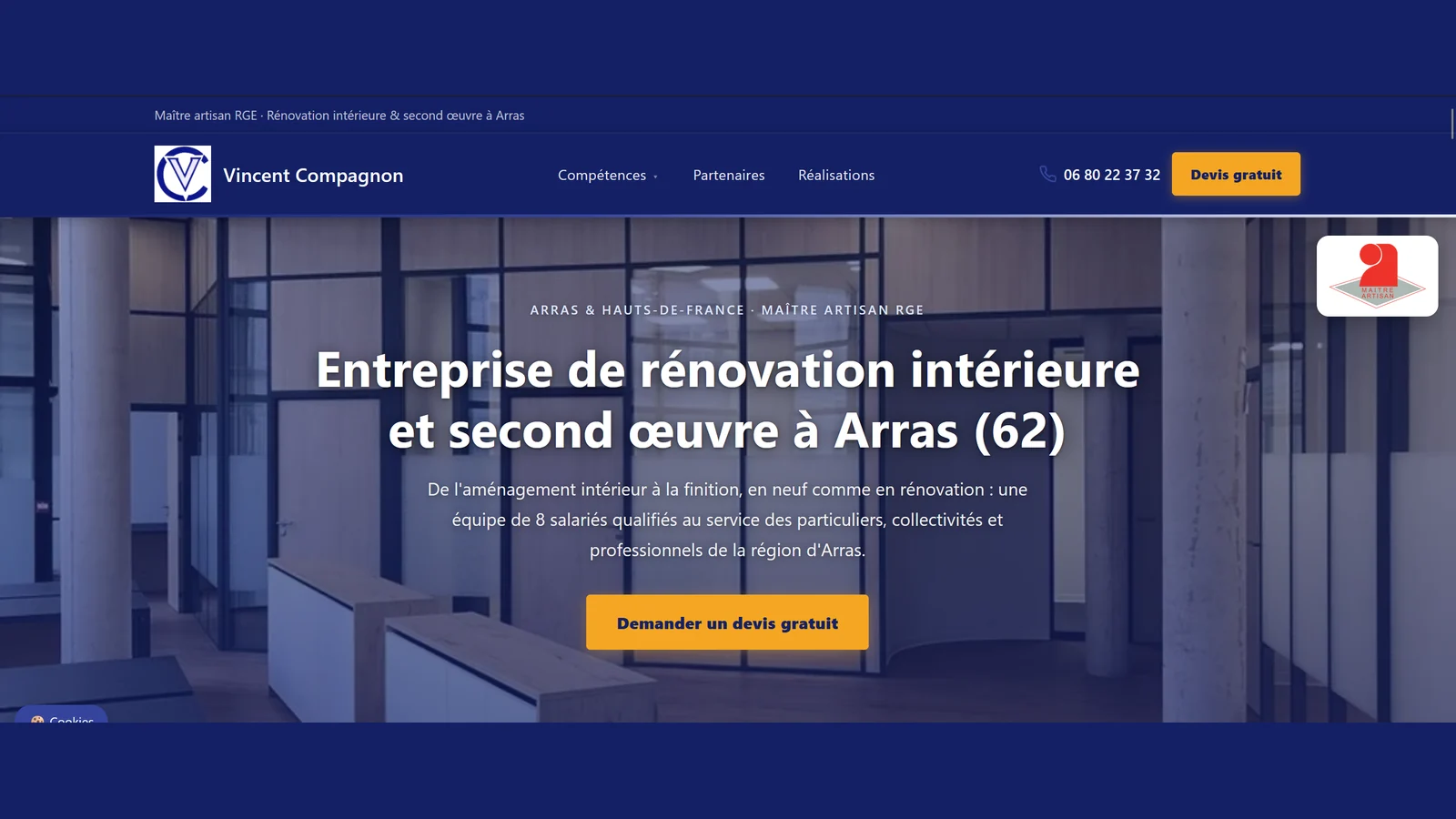 Page d’accueil du site de Vincent Compagnon, artisan de la rénovation à Arras
