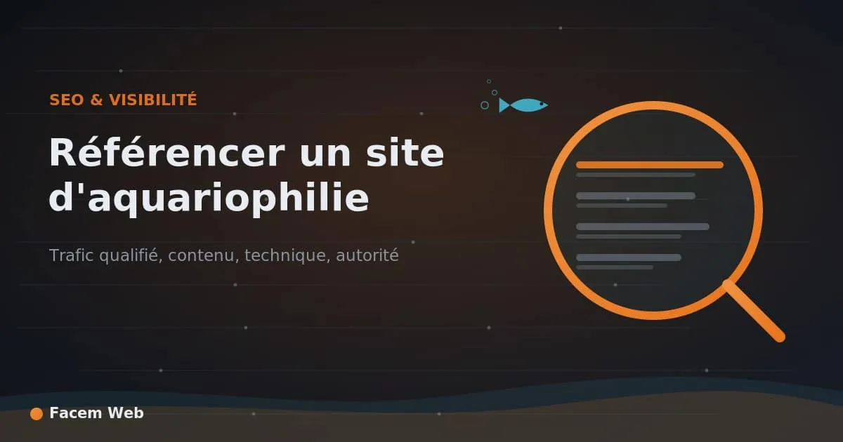 Illustration loupe sur fond sombre avec texte référencer site aquariophilie SEO visibilité trafic qualifié