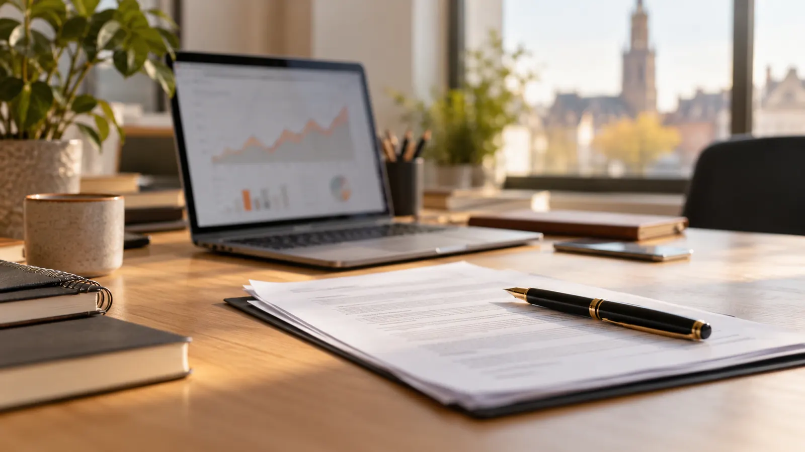 Bureau en bois avec un contrat imprimé, un stylo plume et un ordinateur portable ouvert sur un graphique flou