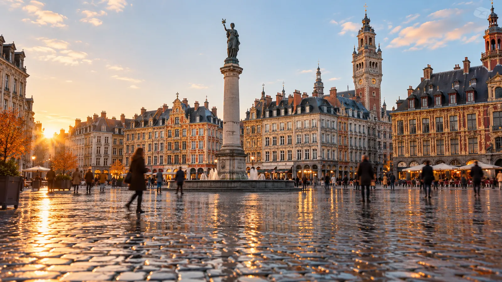 Grand'Place de Lille avec la colonne de la Déesse et les façades flamandes sous une lumière douce de matinée