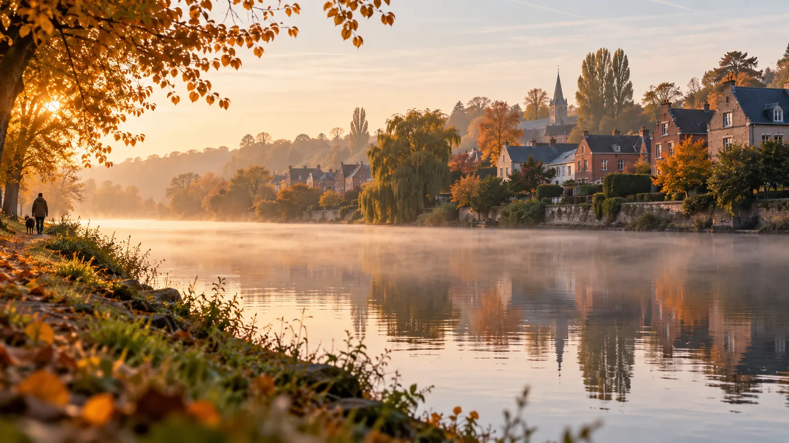 Vue matinale sur la vallée de l'Oise avec la rivière bordée d'arbres et des toits de briques picardes