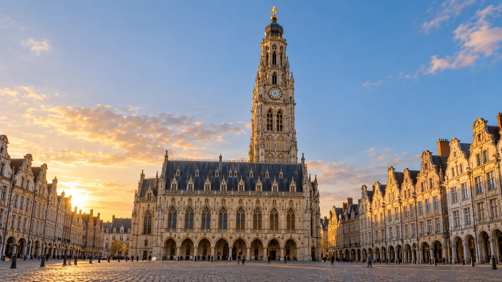Beffroi et façades à pignons flamands de la Grand-Place d'Arras sous un ciel clair de fin d'après-midi