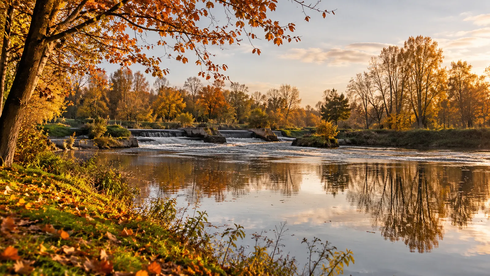 Plan d'eau de la Scarpe à Saint-Laurent-Blangy entouré d'arbres, avec un bassin d'eaux vives en arrière-plan