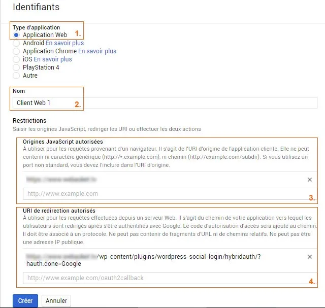 Formulaire de création d'ID client OAuth