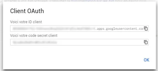 Identifiants OAuth 2.0 générés