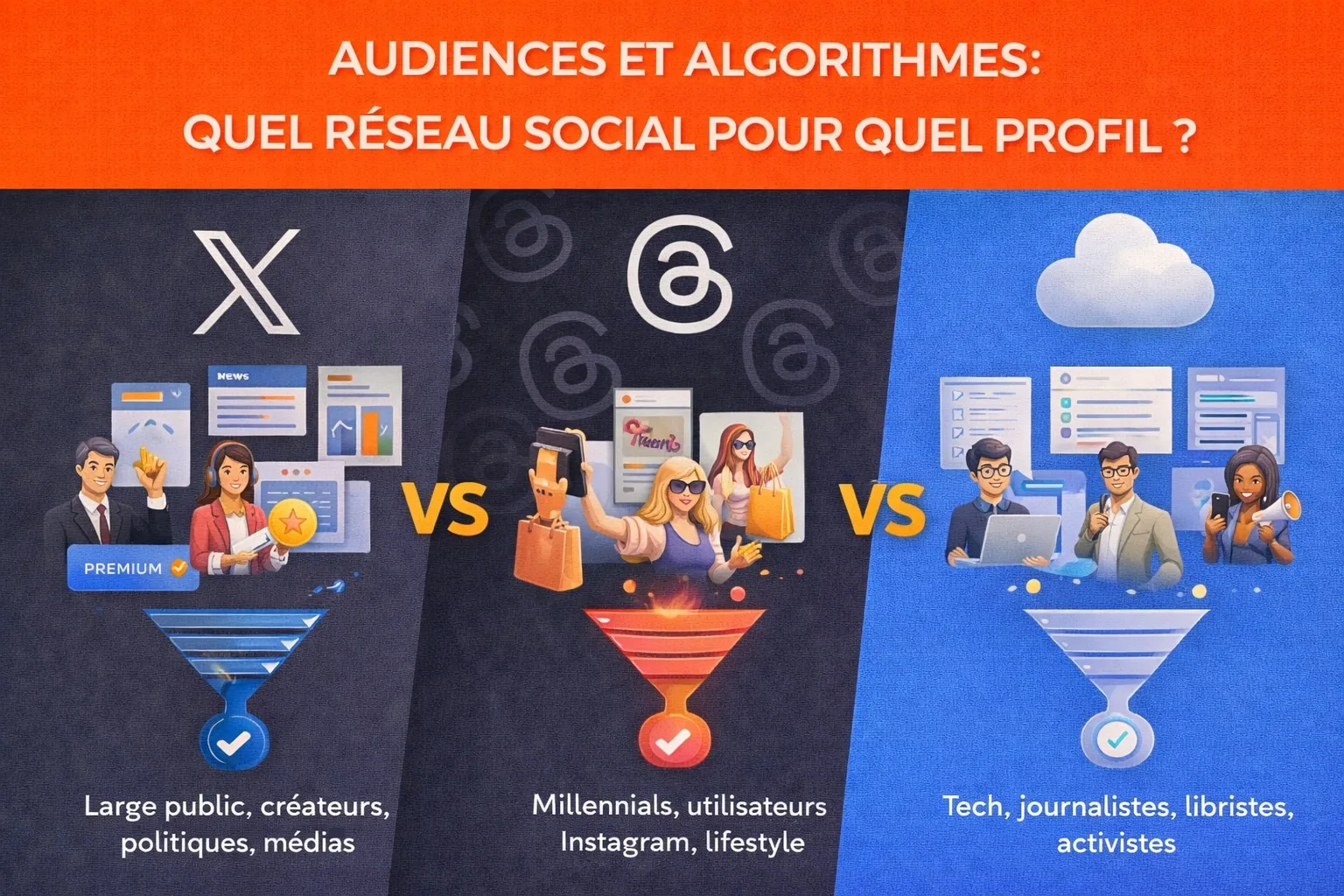 Audiences et algorithmes de X, threads et blueskly