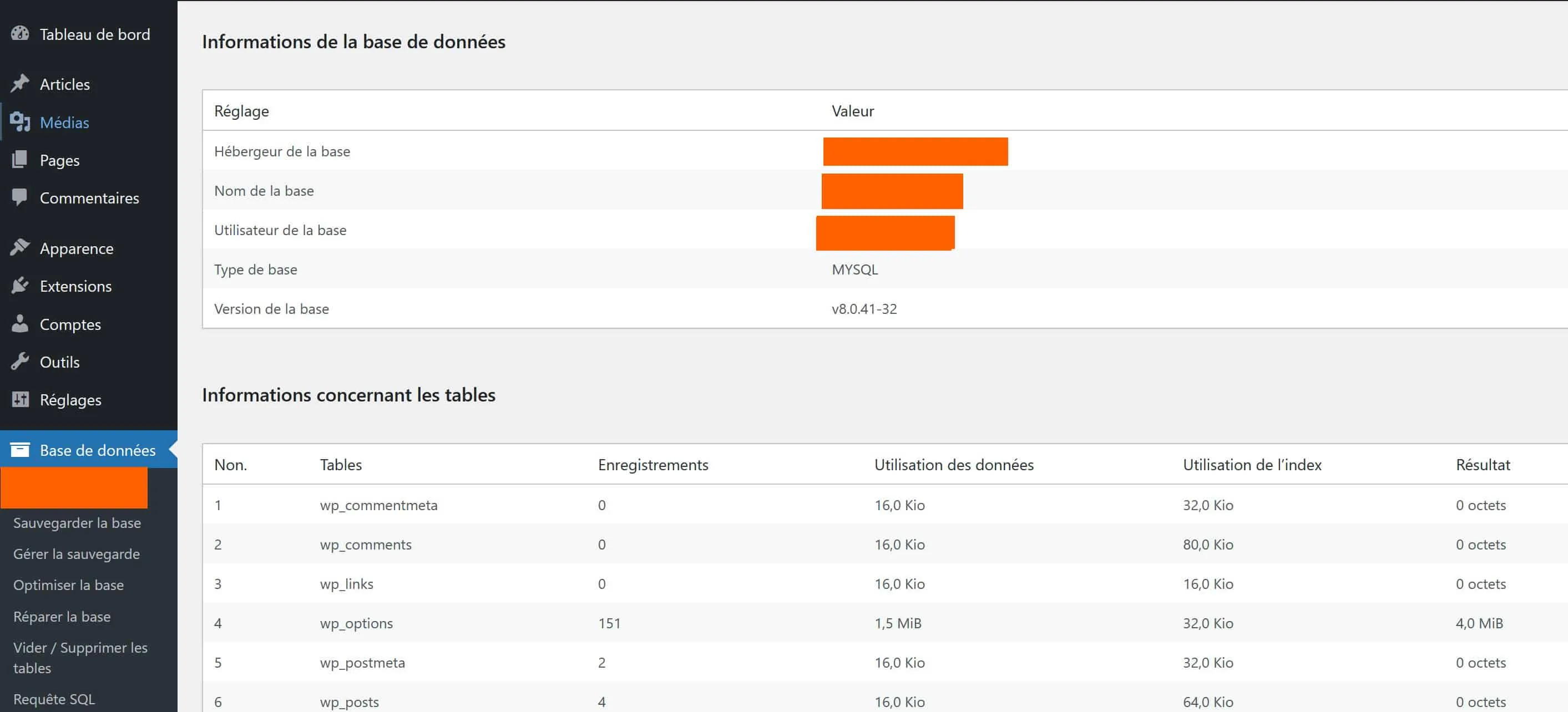 Informations concernant les tables accessibles depuis le tableau de bord