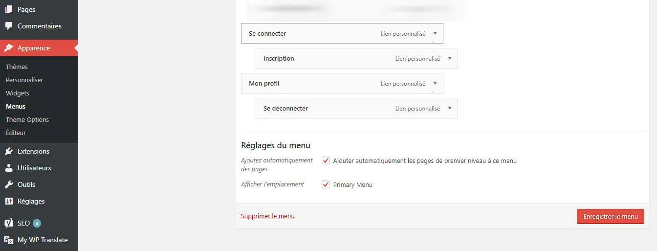 gestion menu login logout register wp