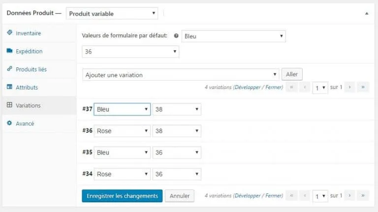 ajouter les variations de produit