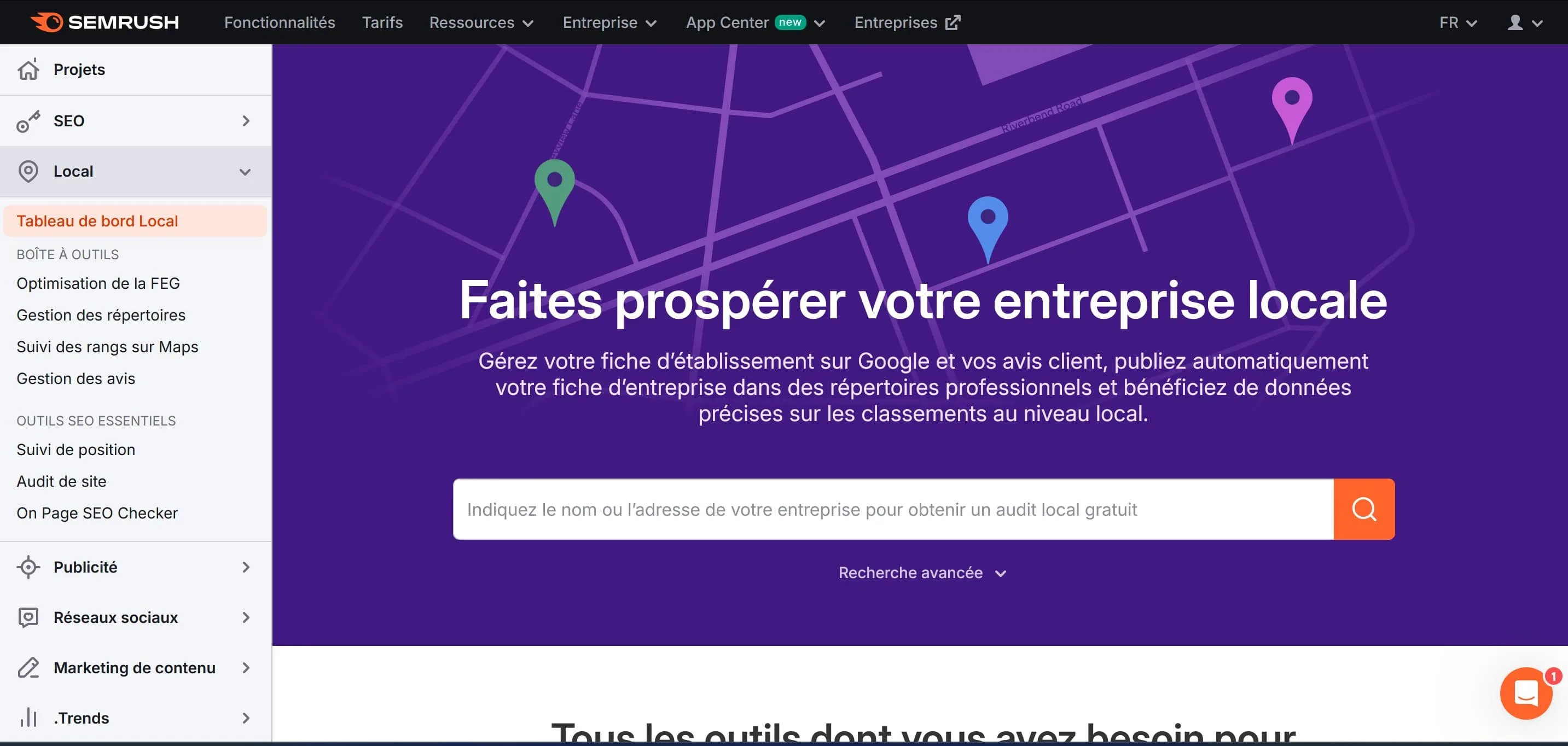 Onglet SEO local de l'outil SEMrush