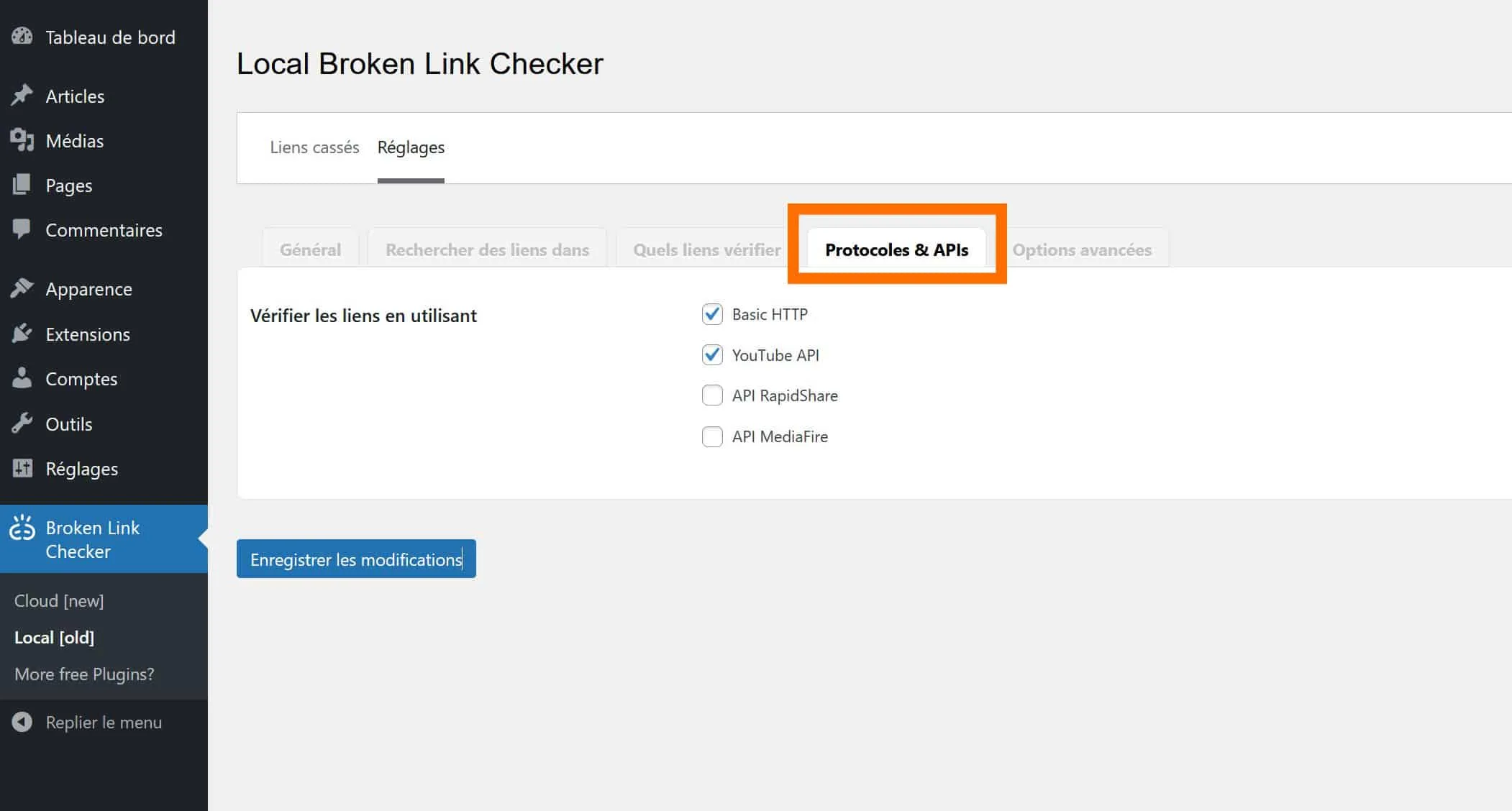 onglet protocoles et api broken link checker