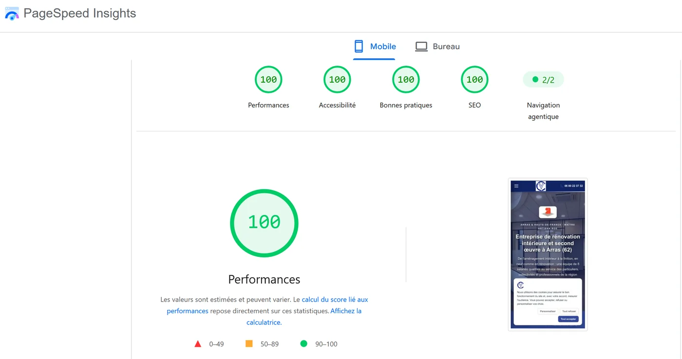 Scores PageSpeed Insights de 100 sur mobile pour le site Vincent Compagnon