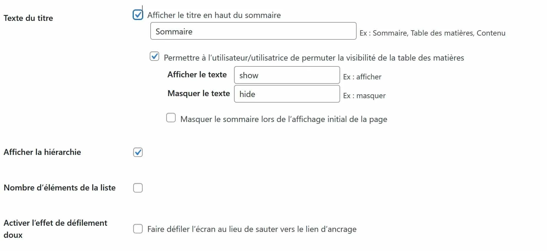 réglages option sommaire toc+