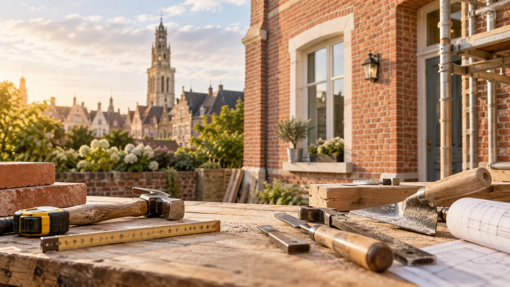 Outils d'artisan et briques devant une façade arrageoise, annuaire Artisan Arras