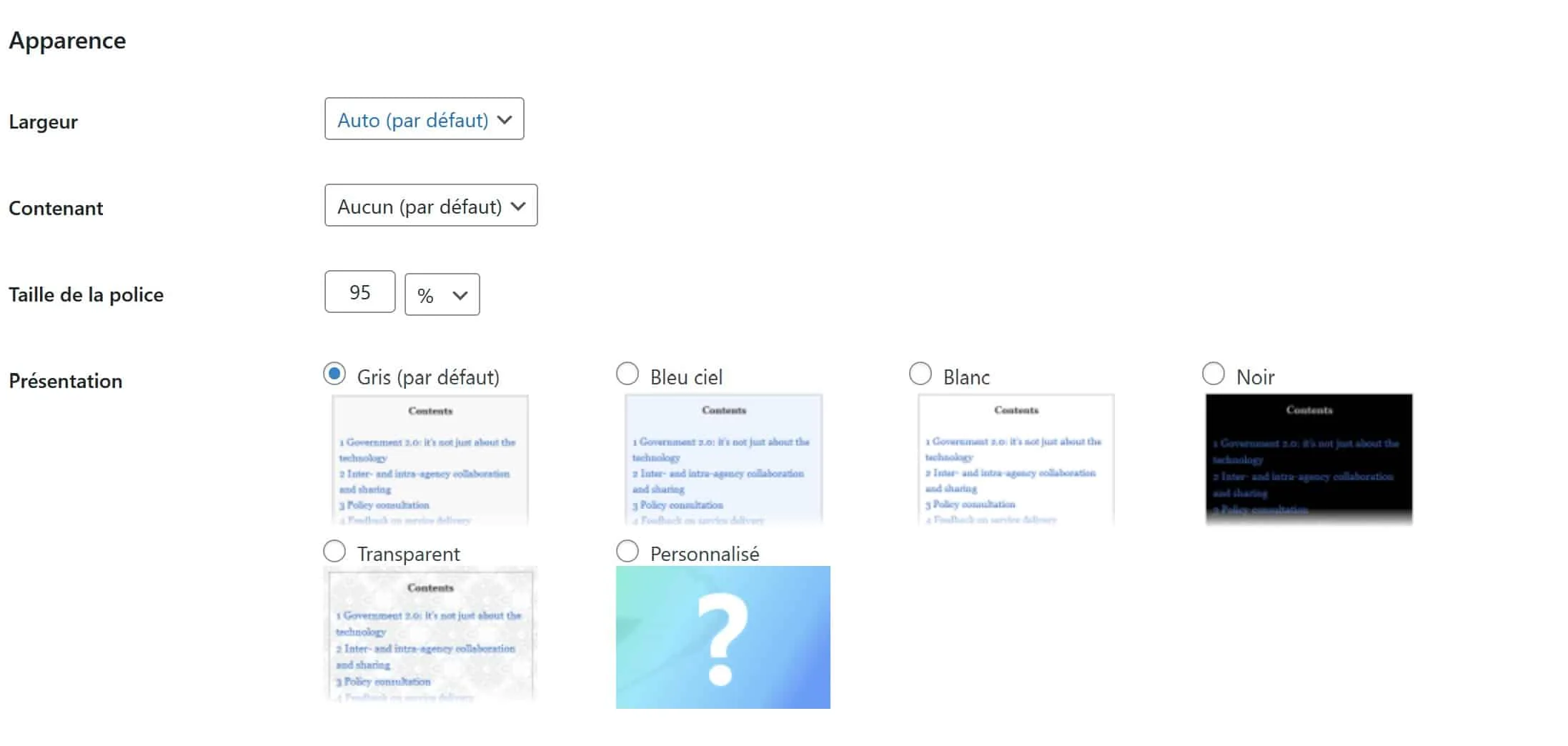 personnalisation apparence toc+