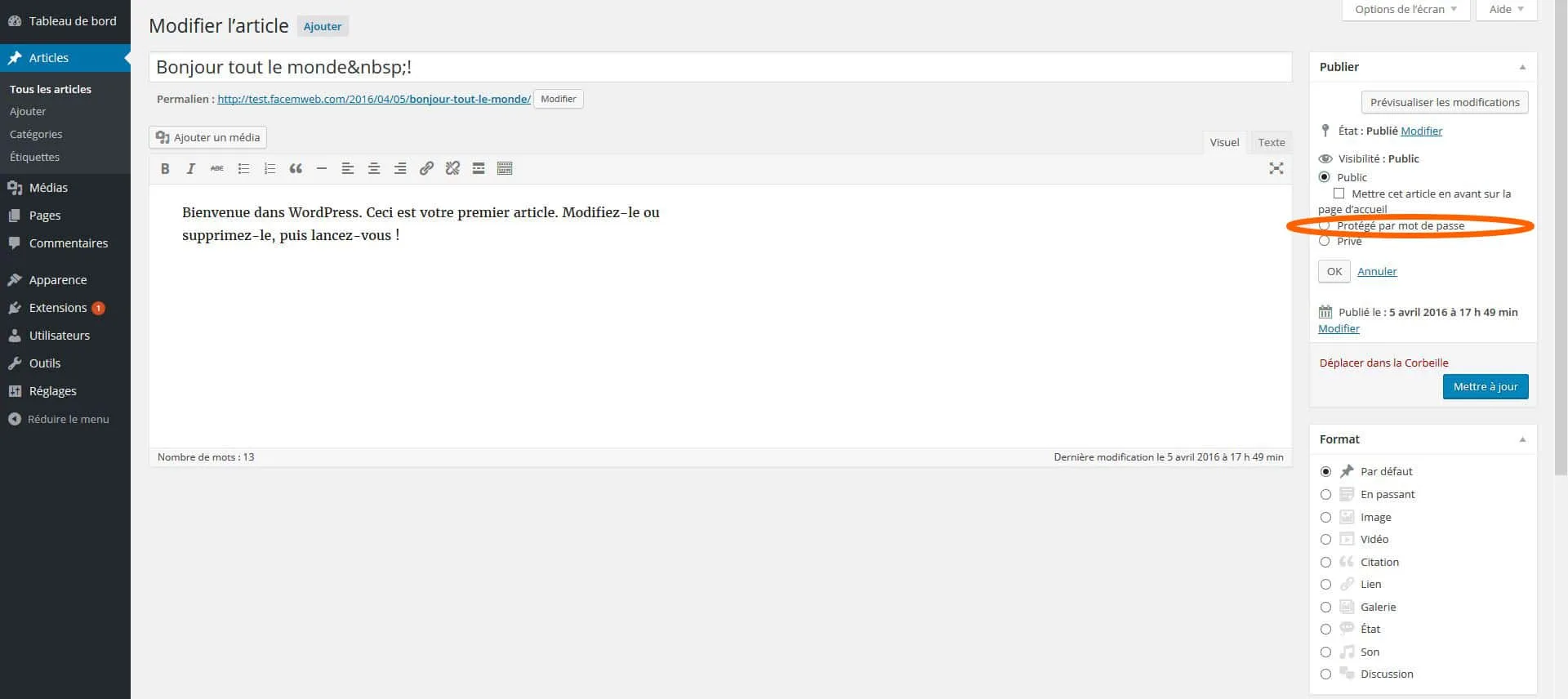 exemple article protégé par mot de passe