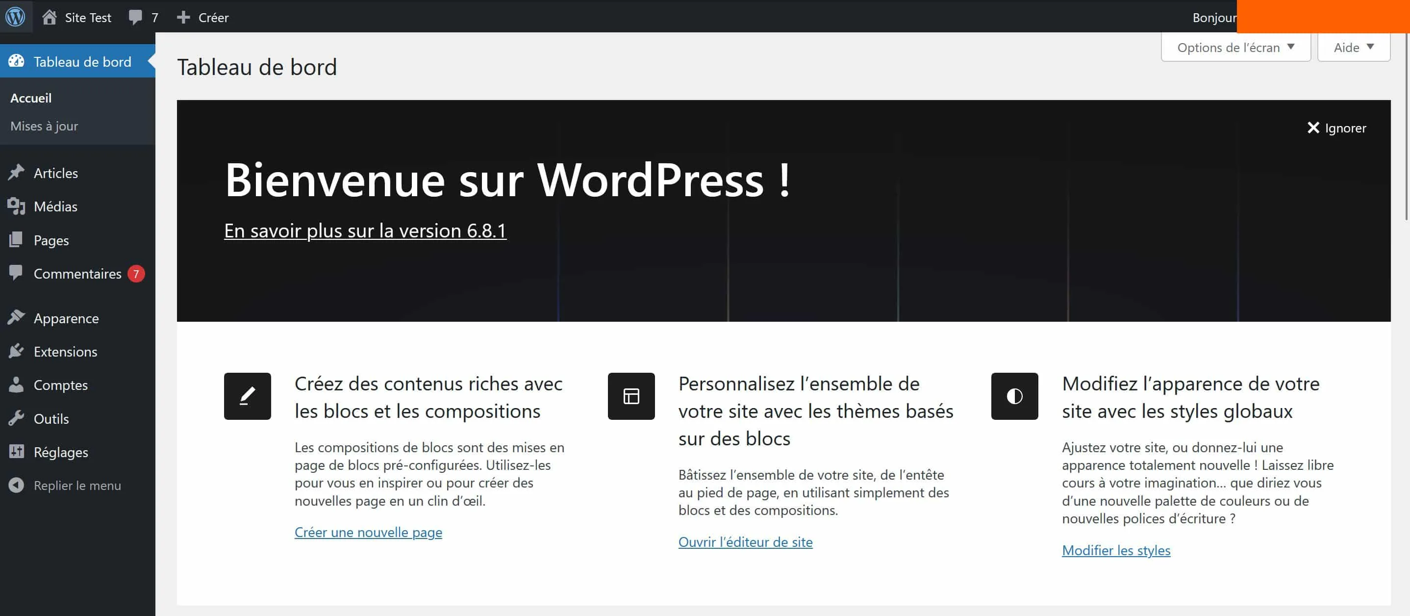 Interface d'administration d'un WordPress classique
