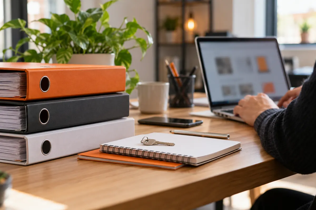 Dossiers et classeurs rangés sur un bureau avec un ordinateur portable ouvert et une clé posée sur un carnet