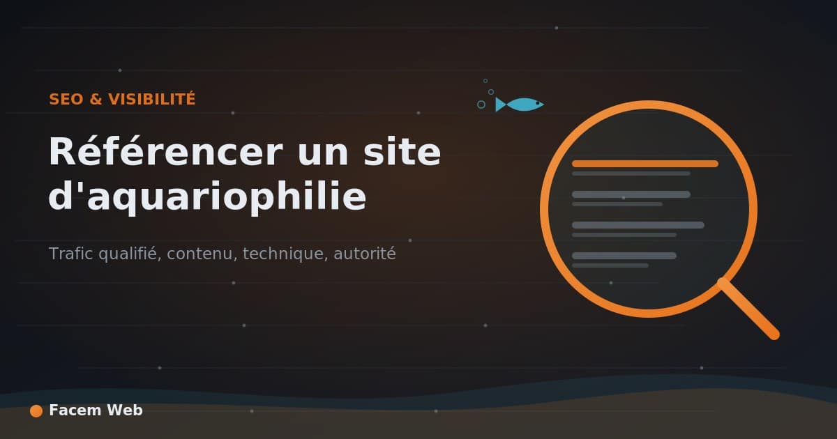 Illustration loupe sur fond sombre avec texte référencer site aquariophilie SEO visibilité trafic qualifié