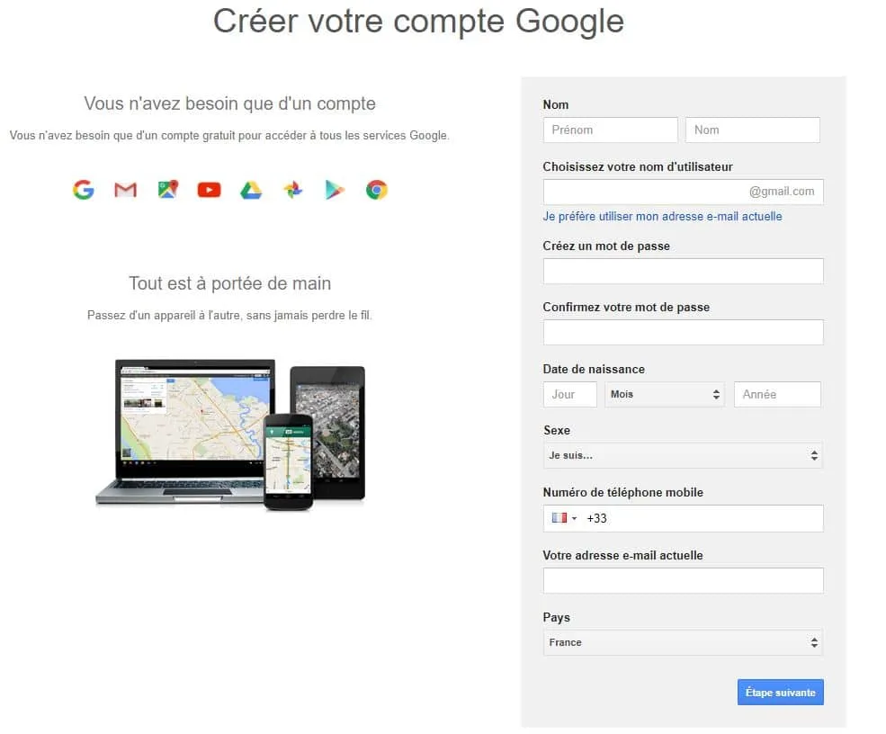 completer formulaire de creation de compte google