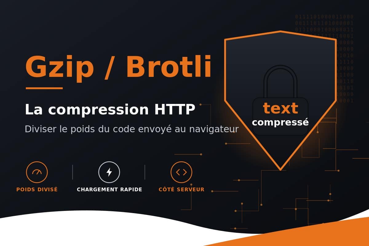 Infographie expliquant la compression HTTP Gzip et Brotli réduisant le poids des codes envoyés au navigateur