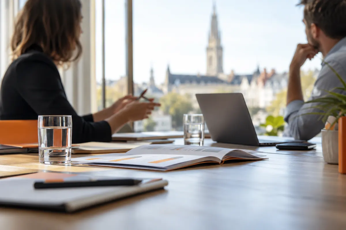 Deux personnes floues échangeant autour d'une table de réunion avec un dossier ouvert et un ordinateur portable