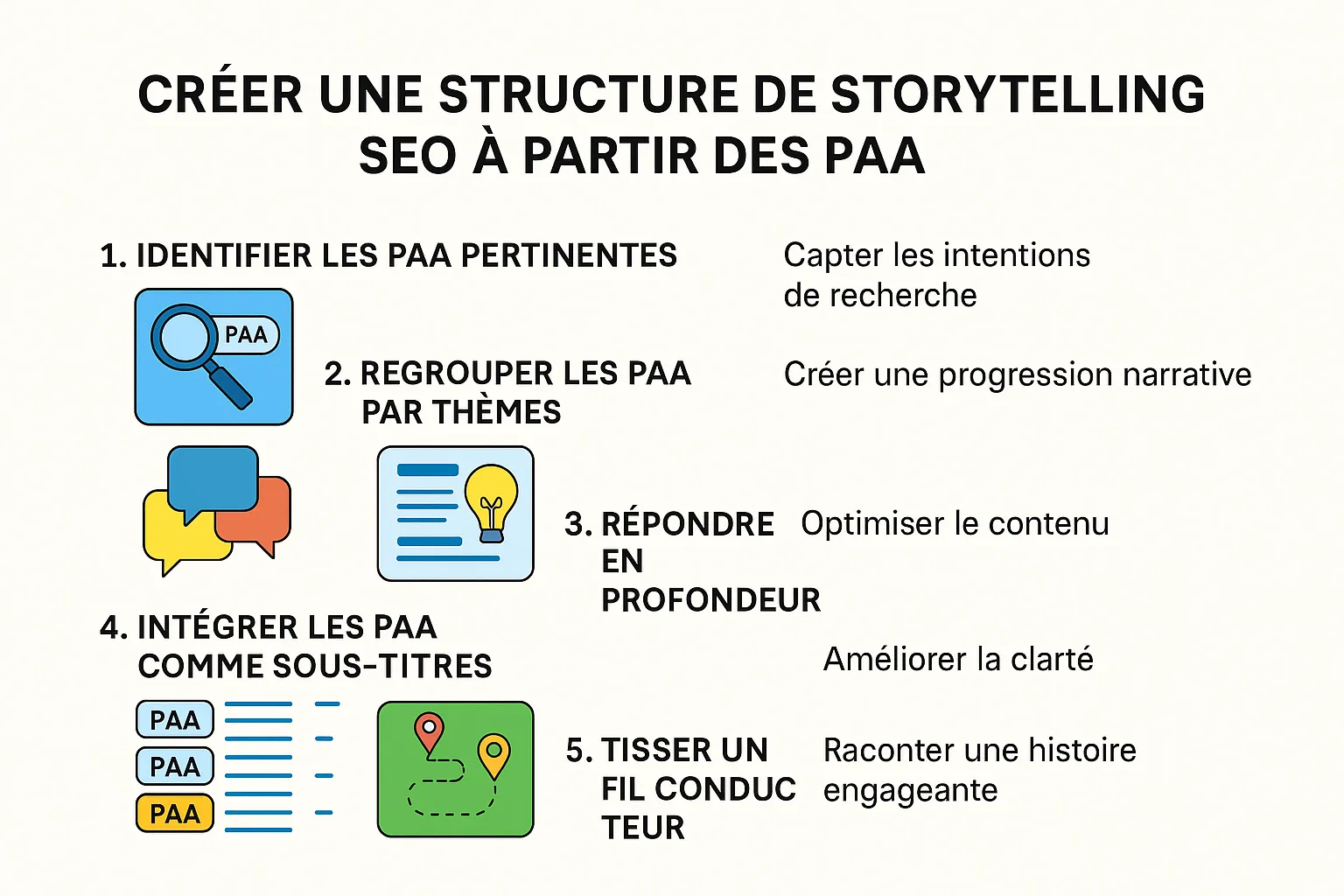 Structure de storytelling SEO bâtie à partir des PAA de Google