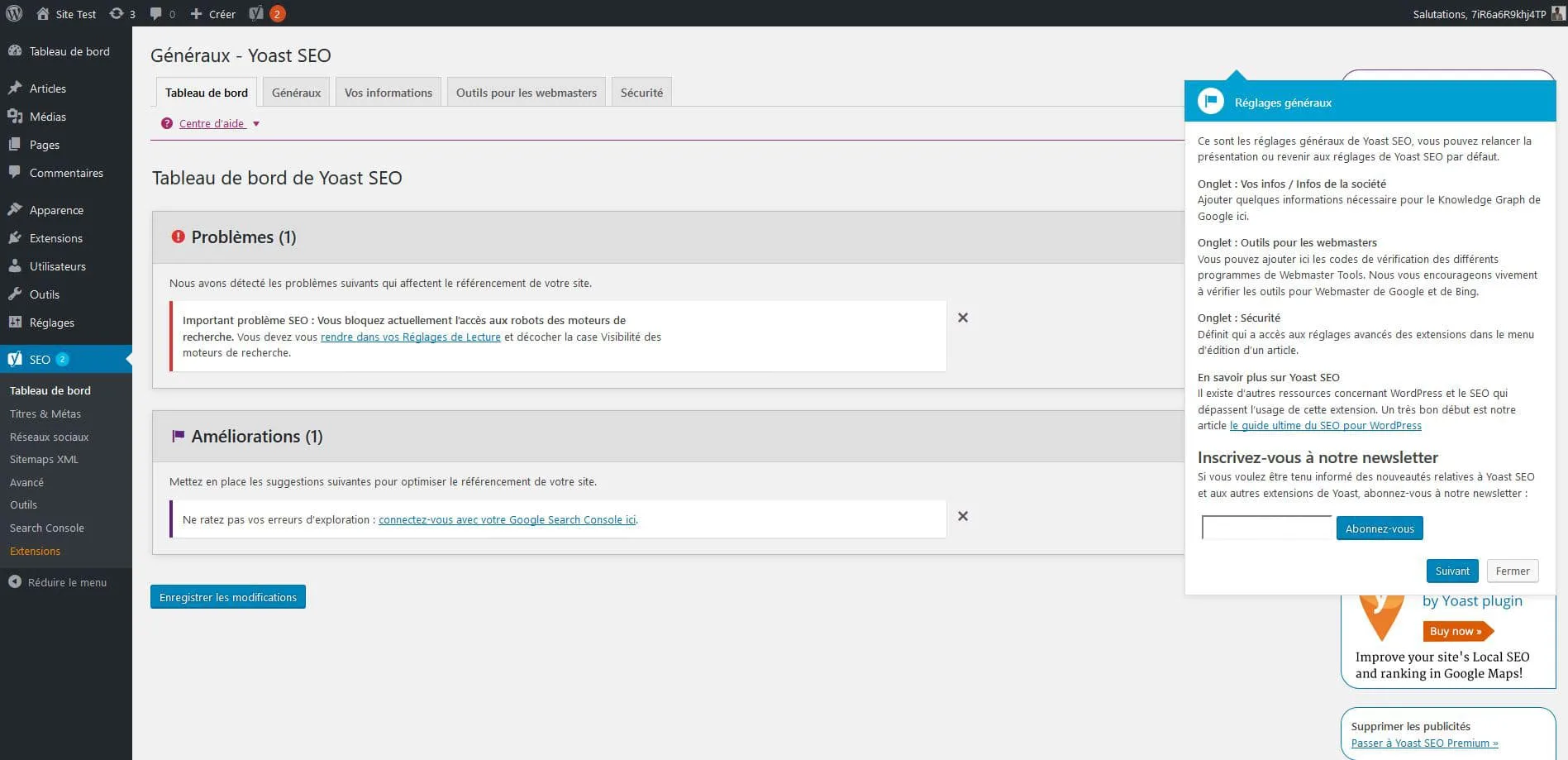 configurration tableau de bord de yoast