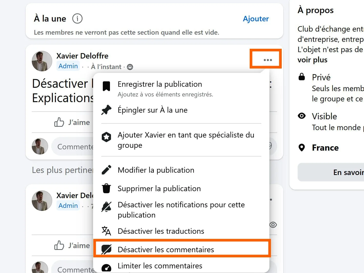 desactiver les commentaires groupe facebook