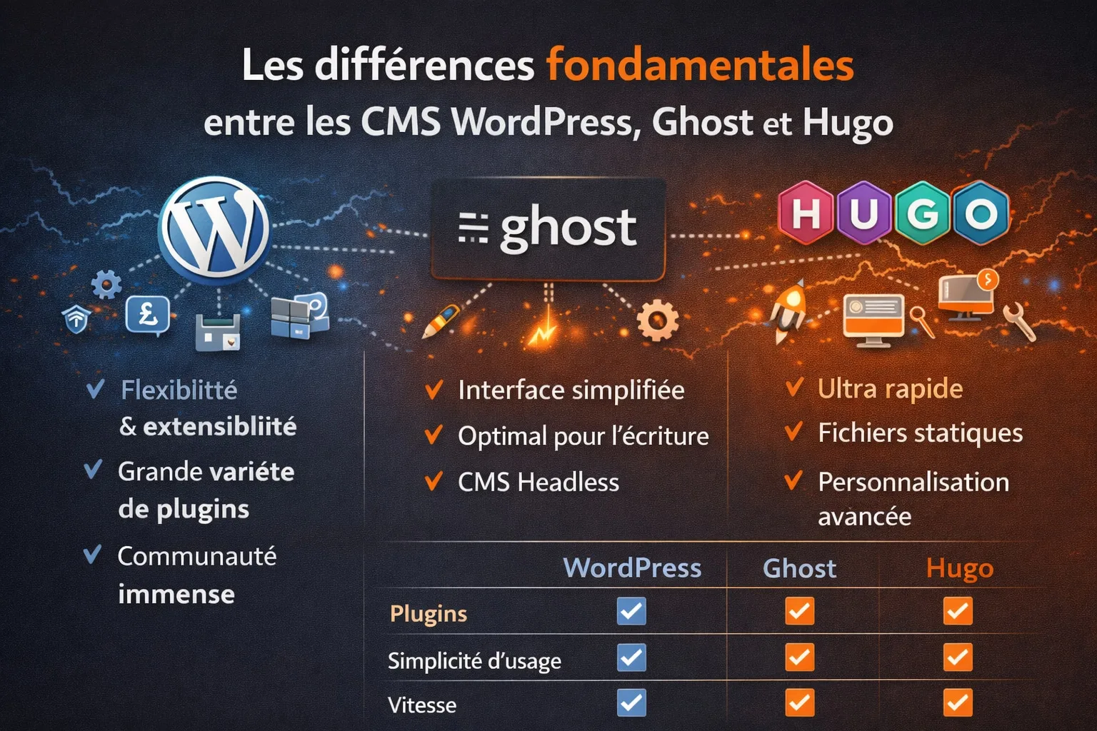 differences cms wordpress hugo et ghost
