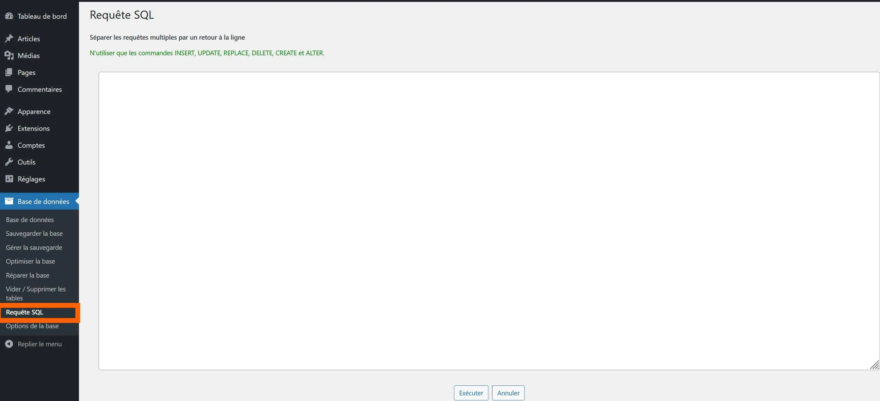 effectuer des requetes SQL avec WP DB Manager