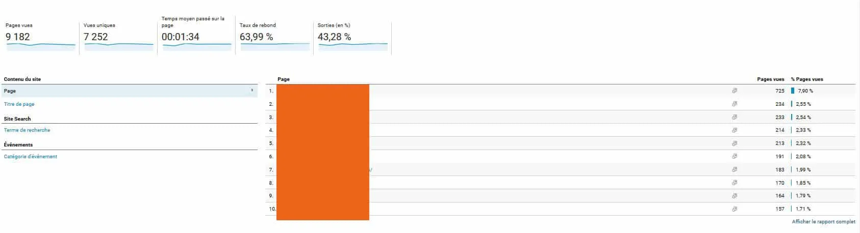 trafic des pages google analytics