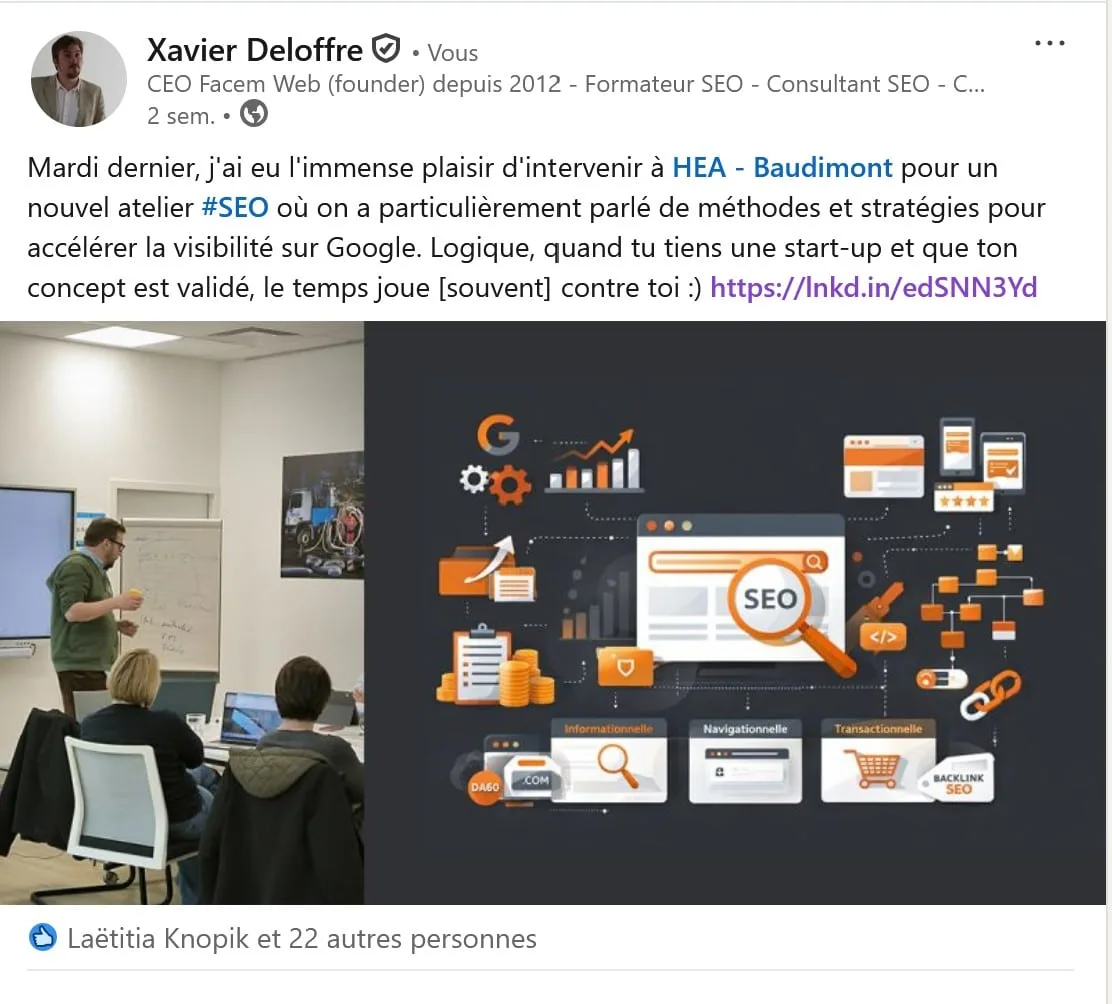Exemple de publication LinkedIn avec hashtags