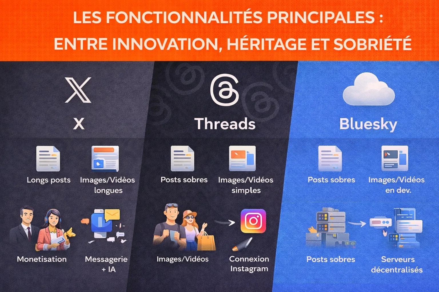Fonctionnalités principales de X, Threads et Bluesky