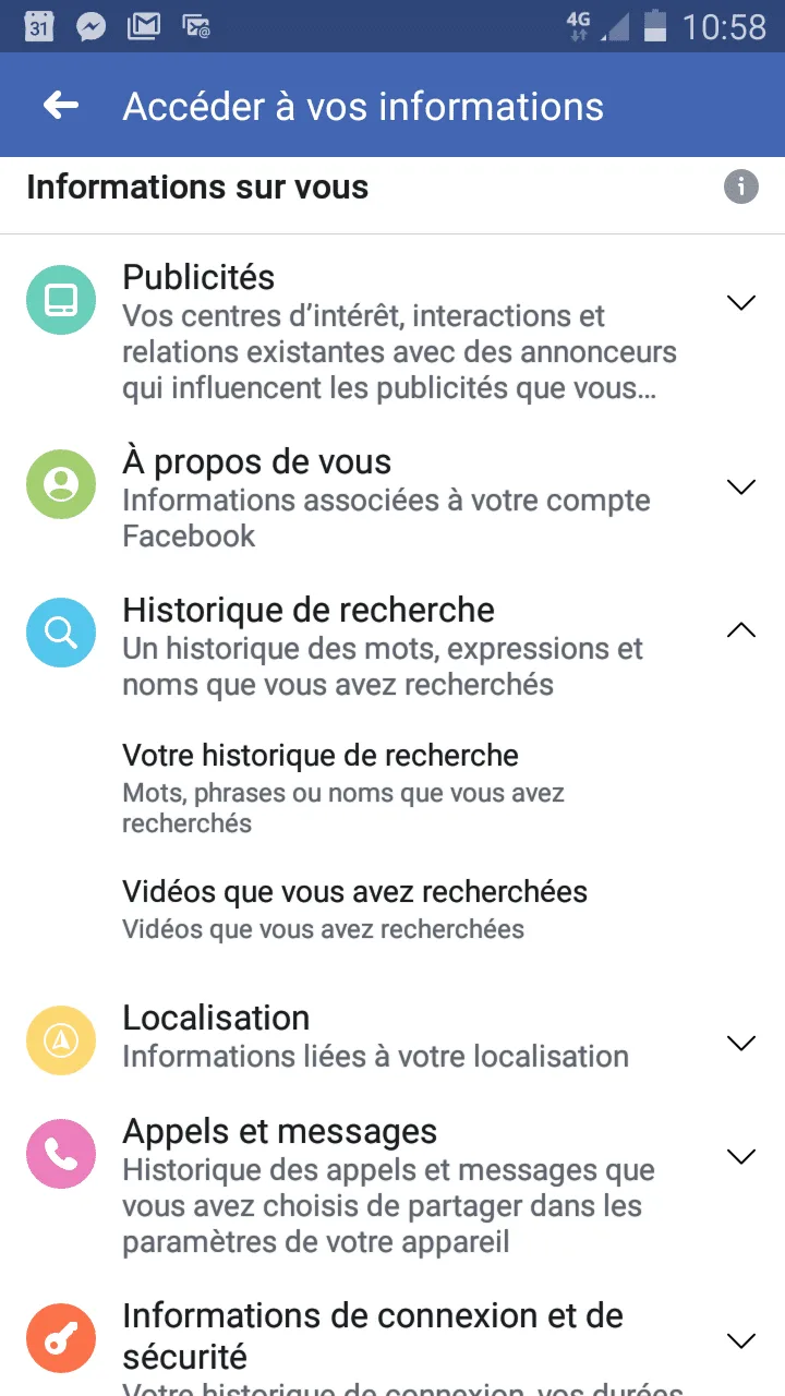 Historique des recherches sur Facebook mobile