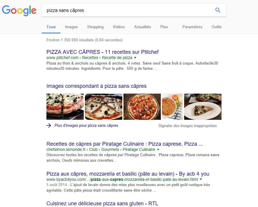 exemple image dans google avec pizza sans capres