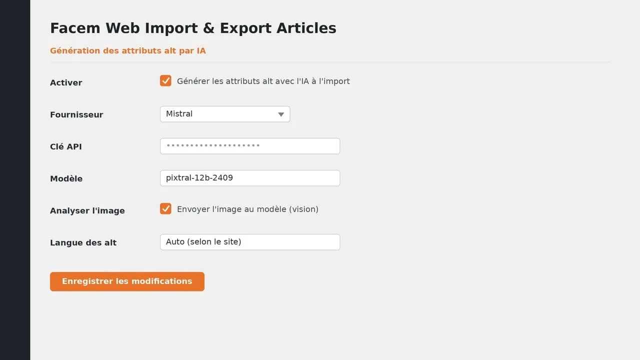 Configuration plugin Facem Web Import & Export pour génération automatique des attributs alt par IA