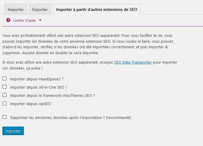 importer reglages autre extension