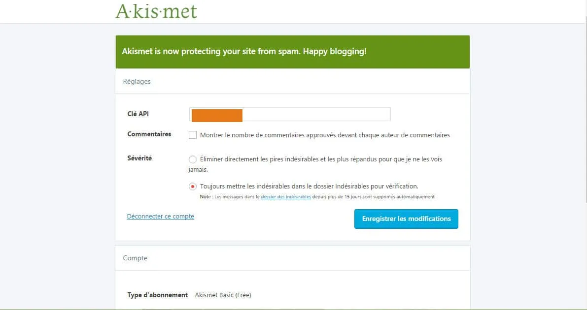 réglages akismet plugin anti-spam