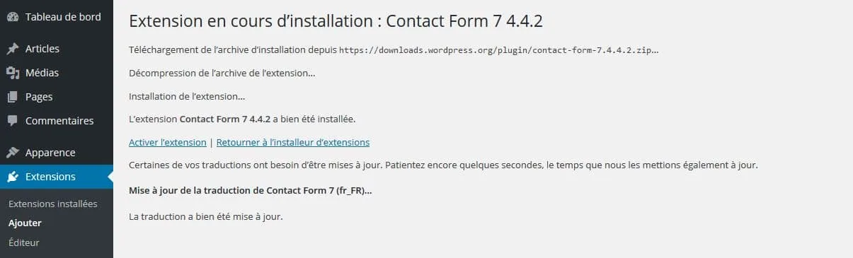 installation en cours wordpress