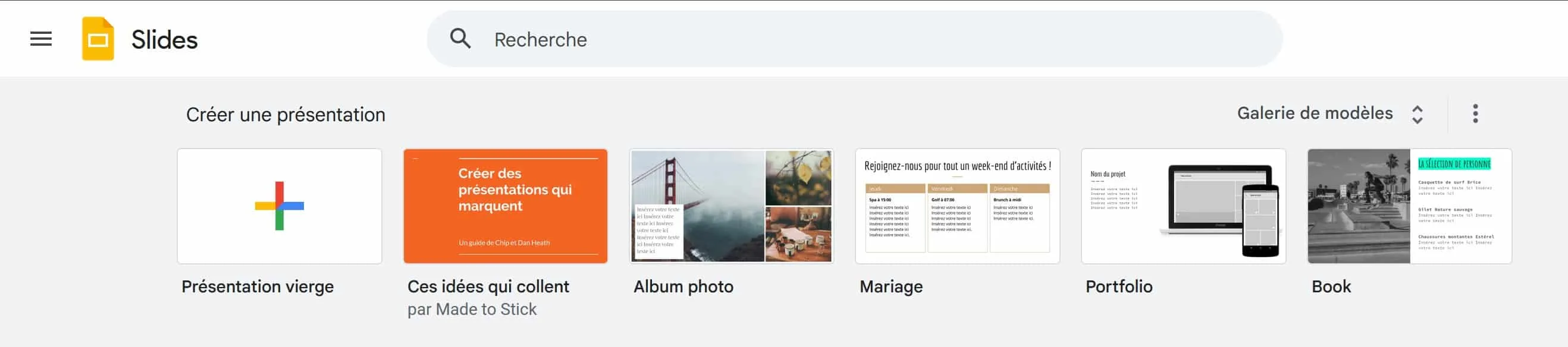 Interface de l'outil de présentation Google Slides