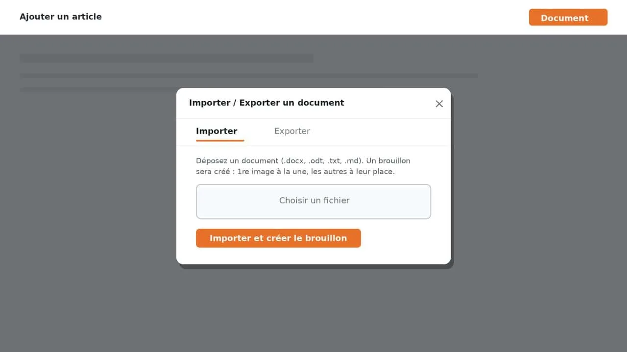 Fenêtre de dialogue pour importer un document dans un article WordPress avec le plugin Facem Web Import Export