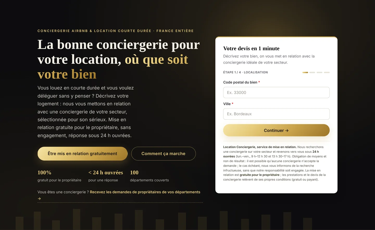 Page d’accueil de Location Conciergerie avec le titre et les trois repères de réassurance