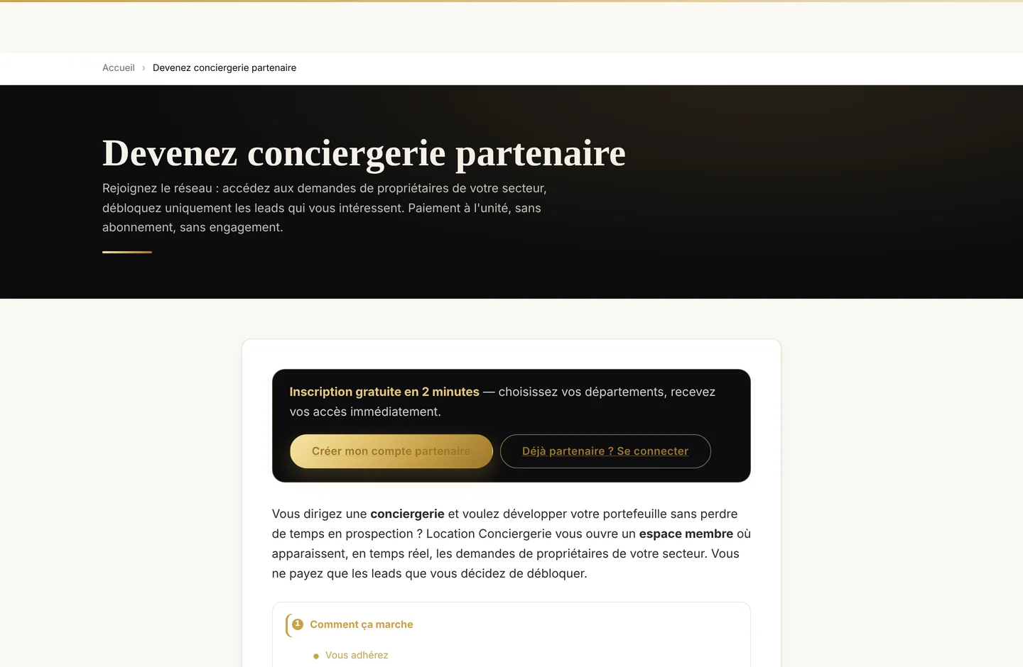Page de présentation destinée aux conciergeries partenaires