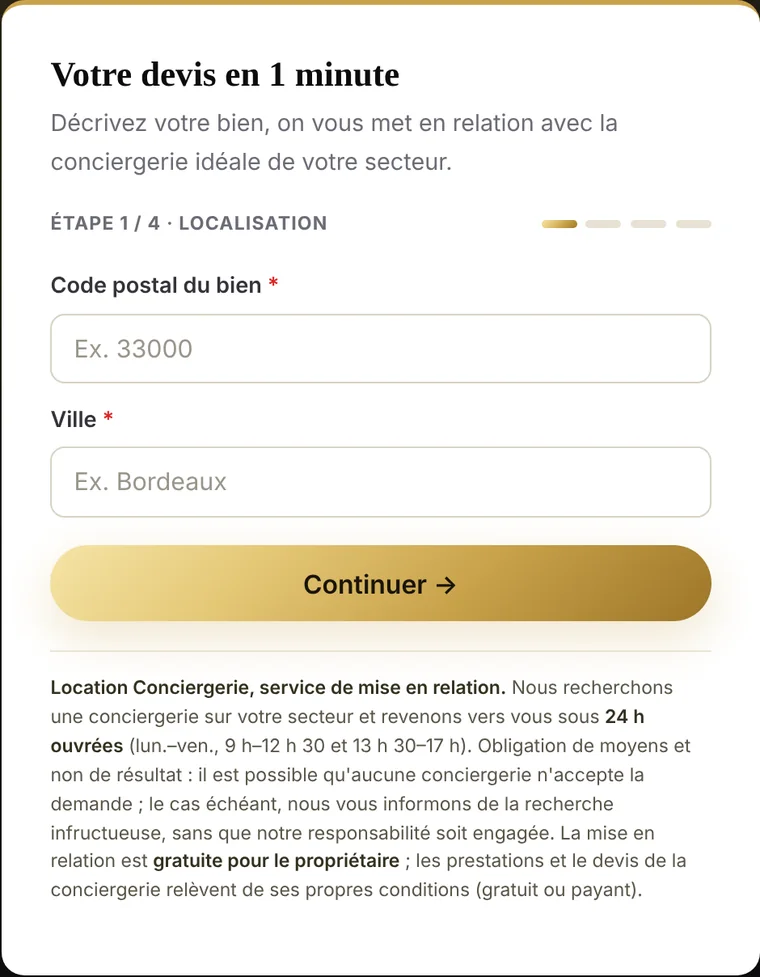 Formulaire « Votre devis en 1 minute » avec les champs de localisation, de bien et de prestations
