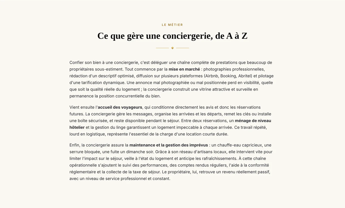 Section détaillant ce que gère une conciergerie, de la mise en marché à la maintenance