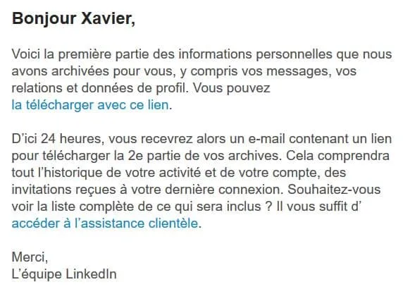 téléchargement données linkedin