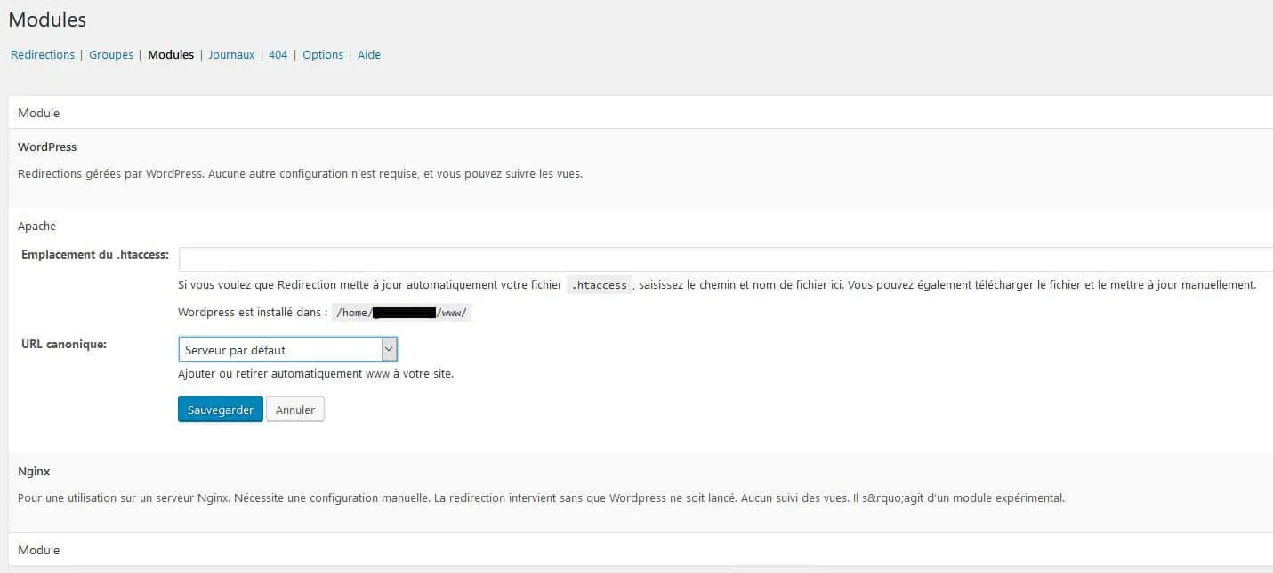 configurer module redirection wp