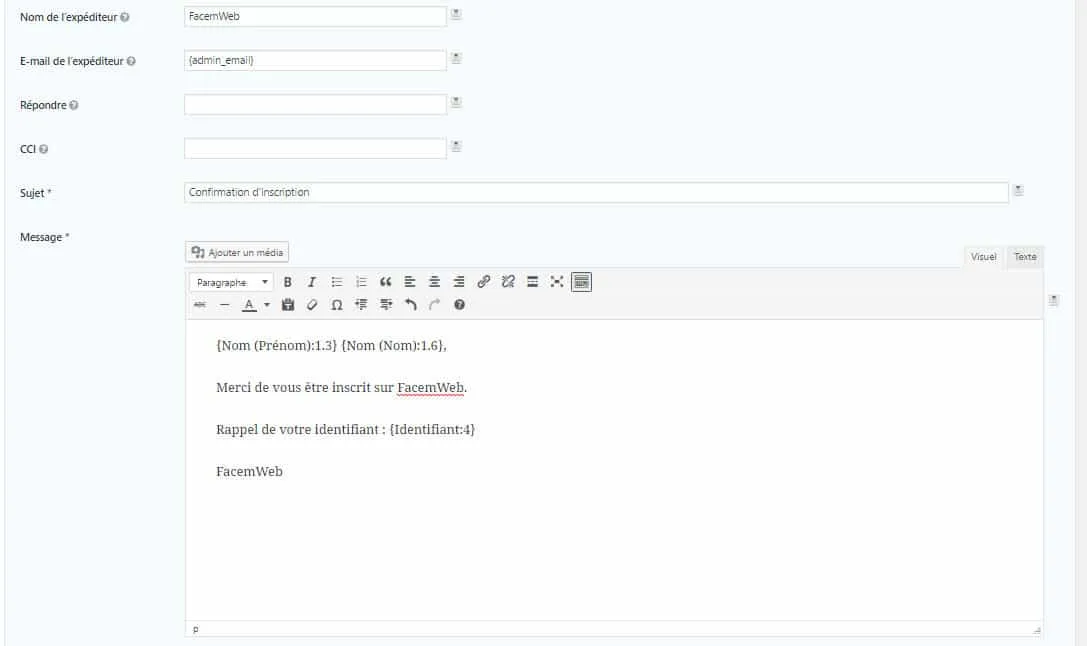 Exemple de notification Gravity Forms