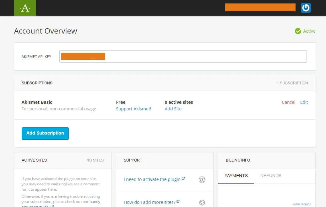 obtenir api key akismet plugin anti spam
